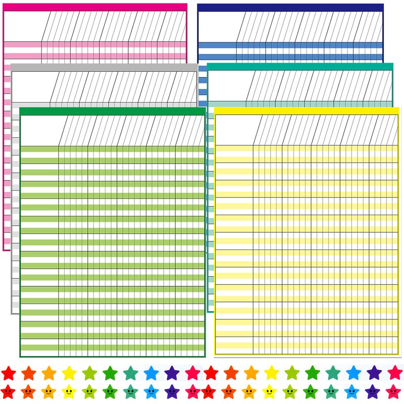 Youngever 6 Pack Multi-Color Laminated Dry Erase Incentive Chart with 120 Reward Star Stickers for Chore Responsibility, School Attendance, Homework Progress Tracking Chart (17 Inch x 22 Inch) - Image 1